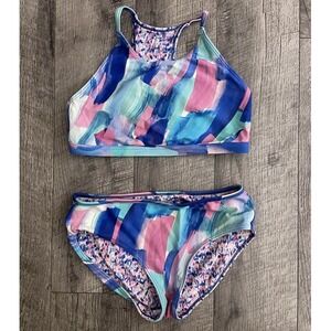 Athleta Girl Reversible Bikini Swimsuit 2 Piece Set Abstract Blue Pink Girls M